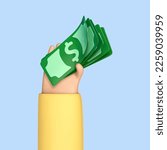 3D cartoon hand holding dollar bills. Concept of financial operation. Payment and Cash back. Money investment and business commerce. Vector 3d illustration