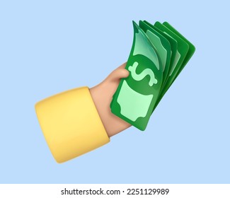 3D cartoon hand holding dollar bills. Concept of financial operation. Payment and Cash back. Money investment and business commerce. Vector 3d illustration