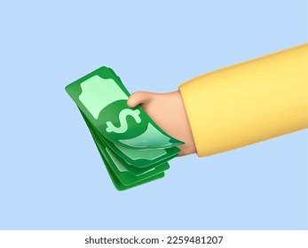 3D cartoon hand holding dollar bills. Concept of financial operation. Payment and Cash back. Money investment and business commerce. Vector 3d illustration.