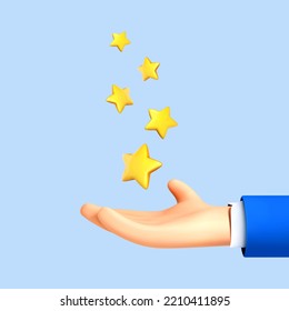 3D cartoon hand holding five stars. Business and social media concept of rating, user review, feedback and client service evaluation. Vector 3D Illustration.