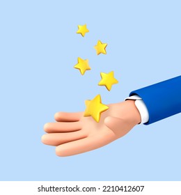 3D cartoon hand holding five stars. Business and social media concept of rating, user review, feedback and client service evaluation. Vector 3d Illustration