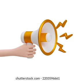 3d cartoon hand holding gold megaphone with lightning social media marketing vector illustration. Promotion advertising loudspeaker