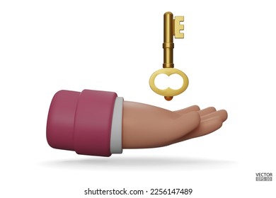 3d cartoon hand holding the gold keys mortgage loan. Real estate agents give keys. Rent housing banner template. 3D vector illustration.
