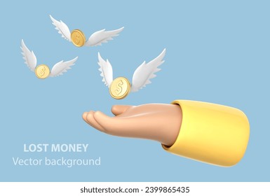 3D cartoon hand holding gold coins with wings. Flying money. Lost money or expenses concept. Vector illustration
