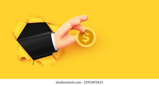 3d cartoon hand holding golden dollar coin through torn paper. Investment, profit, payment concept. Vector illustration
