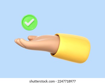 3D cartoon hand holding green check mark icon. Hand holds a done sign. Success concept on blue background. Vector 3d illustration.
