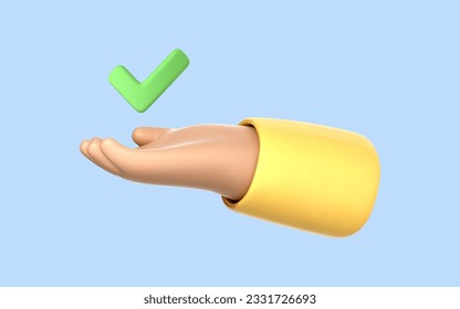 3D cartoon hand holding green check mark icon. Hand holds a Done sign. Approval concept. Vector 3d illustration