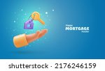 3d cartoon hand holding the house keys mortgage loan vector illustration. Real estate agent give keys. Rent housing banner template.