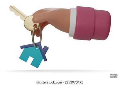 3d cartoon hand holding the house keys mortgage loan. The hand holds the keys with the blue house keychain. Real estate agents give keys. Rent housing banner template. 3D vector illustration.