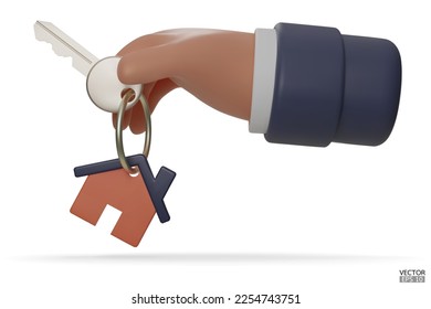 3d cartoon hand holding the house keys mortgage loan. The hand holds the keys with the blue house keychain. Real estate agents give keys. Rent housing banner template. 3D vector illustration.