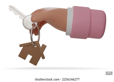 3d cartoon hand holding the house keys mortgage loan. The hand holds the keys with the wooden house keychain. Real estate agents give keys. Rent housing banner template. 3D vector illustration.