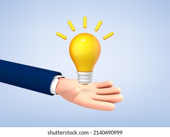 3D Cartoon hand holding a light bulb isolated on blue background. Thinking, good idea and business success creative concept. Vector illustration