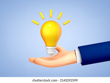 3D Cartoon hand holding a light bulb isolated on blue background. Thinking, good idea and business success creative concept. Vector illustration.