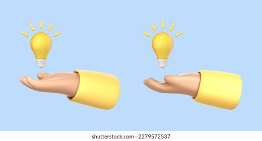 3D cartoon hand holding a light bulb isolated on blue background. Thinking, good idea and business success creative concept. Vector 3d illustration