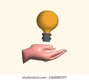 3D cartoon hand holding a light bulb isolated on yellow background. Thinking, good idea and business success creative concept. Vector 3d illustration