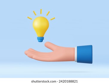 3D cartoon hand holding a light bulb isolated on blue background. Thinking, good idea and business success creative concept. 3d rendering. Vector illustration