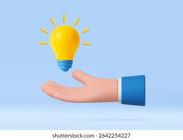3D cartoon hand holding a light bulb isolated on blue background. Thinking, good idea and business success creative concept. 3d rendering. Vector illustration