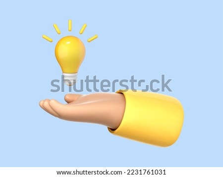 3D cartoon hand holding a light bulb isolated on blue background. Thinking, good idea and business success creative concept. Vector 3d illustration
