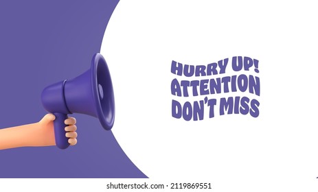 3d cartoon hand holding megaphone social media marketing vector illustration. Promotion advertising purple 3d loudspeaker