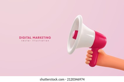 3d cartoon hand holding megaphone social media marketing vector illustration. Promotion advertising loudspeaker. - Shutterstock ID 2120346974
