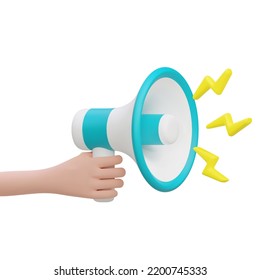 3d cartoon hand holding megaphone with lightning social media marketing vector illustration. Promotion advertising loudspeaker