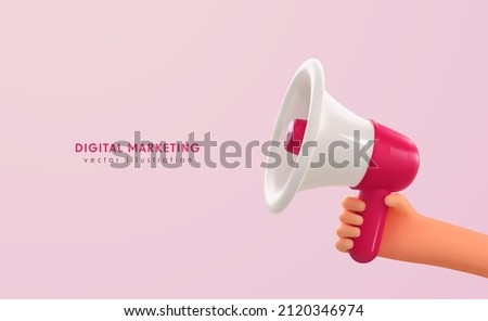 3d cartoon hand holding megaphone social media marketing vector illustration. Promotion advertising loudspeaker.