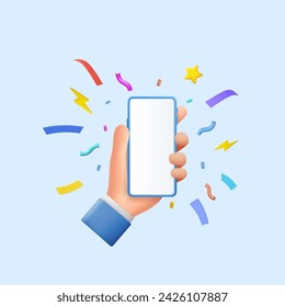 3d cartoon hand holding mobile smart phone. 3d Hand using smartphone with empty screen for mockup mobile. 3d rendering. Vector illustration