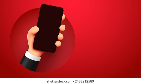 3D cartoon hand holding mobile smart phone. Modern mockup. Vector illustration