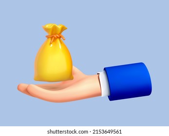 Mano de caricatura 3D sosteniendo la bolsa de dinero con fondo azul. Concepto de sociedad sin sentido. Crecimiento, ingreso, ahorro, inversión, riqueza. Ilustración del vector 3d
