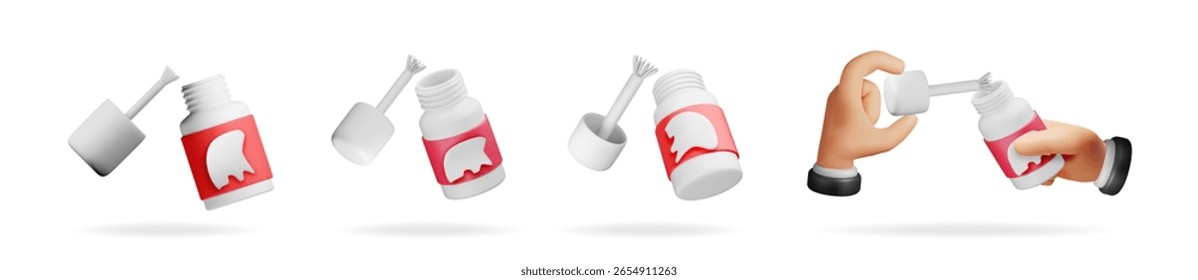 3d cartoon hand holding nail polish bottle with brush. Pink manicure gloss. Beauty accessory for art, spa, and style.