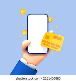 3D cartoon hand holding phone with credit card and coins. Online payment concept. Transfer and saving money concept. Contactless payments. Vector 3d illustration