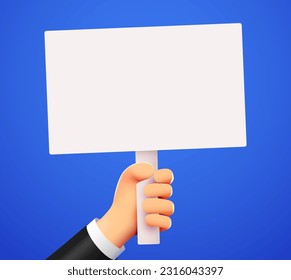 3d cartoon hand holding a placard on stick. Announcement or protest concept. Vector illustration