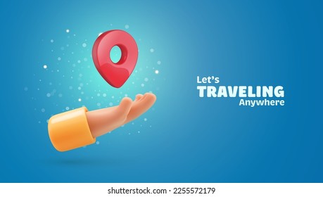 3d cartoon hand holding red geo tag pin vector illustration. Global traveling or route sign guide symbol blue banner background.