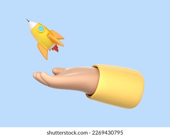3D cartoon hand holding a rocket taking off. Human hand with rocket lift isolated on blue background. Launch business product on market. Startup business concept. Vector 3d illustration