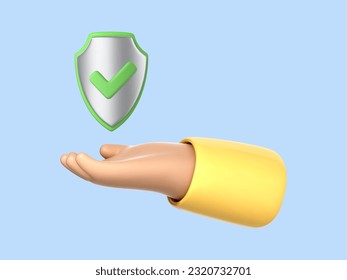 Mano de caricatura 3D sujetando el protector de seguridad con el icono de marca de verificación verde. Concepto de garantía de seguridad, seguridad, privacidad, seguro. Ilustración del vector 3d