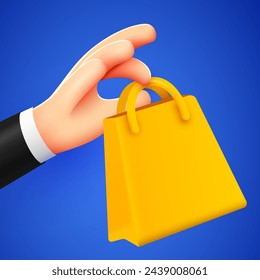 3d cartoon hand holding shopping paper bag. Vector illustration