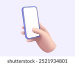3d cartoon hand holding smartphone device touching blank screen. mobile phone, Communication, Social media, Internet, Online technology, Hand using mobile phone mockup. 3d Vector illustration. Eps 10
