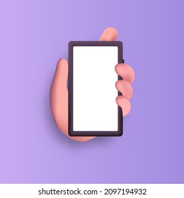 3d cartoon hand holding smartphone isolated purple background. 3D vector illustration