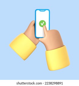 3D cartoon hand holding smartphone with green check mark. Check mark on smartphone screen. Finger touching screen isolated on blue background. Vector 3d illustration