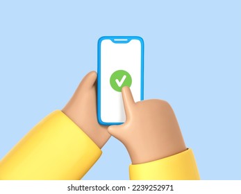 3D cartoon hand holding smartphone with green check mark. Check mark on smartphone screen. Finger touching screen isolated on blue background. Vector 3d illustration