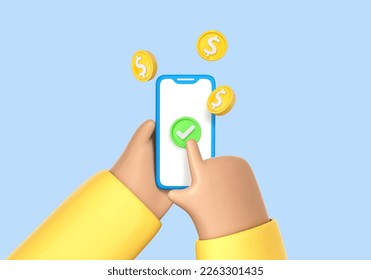 Mano de caricatura 3D sosteniendo un smartphone con un dólar volador. Concepto de pago en línea. Aplicación de cartera móvil. Aplicación bancaria. Transfiera dinero a través de un smartphone. Ilustración del vector 3d