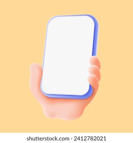 3D Cartoon hand holding smartphone isolated on yellow background, Hand using mobile phone mockup. 3d vector