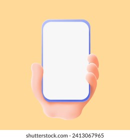 3D Cartoon hand holding smartphone isolated on yellow background, Hand using mobile phone mockup. 3d vector