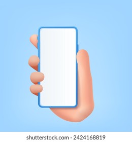 3D Cartoon Hand, die Smartphone einzeln auf weißem Hintergrund hält, Hand mit Handy-Mock-up. 3D-Darstellung von Vektorgrafik.