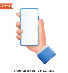 3D Cartoon hand holding smartphone isolated on white background, Hand using mobile phone mockup. 3d render Vector illustration.