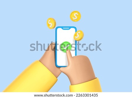 3D cartoon hand holding smartphone with flying dollar. Online payment concept. Mobile wallet application. Banking app. Transfer money via smartphone. Vector 3d illustration