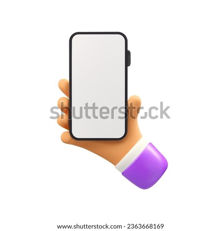 3d cartoon hand holding smartphone. Vector icon or mockup. Realistic illustration for social media