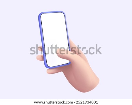 3d cartoon hand holding smartphone device touching blank screen. mobile phone, Communication, Social media, Internet, Online technology, Hand using mobile phone mockup. 3d Vector illustration. Eps 10