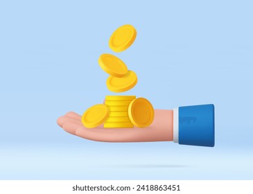 3D-Cartoon-Hand, die einen Stack von Münzen hält. Sparkonzept. Sichere Finanzinvestitionen. 3D-Darstellung. Vektorgrafik