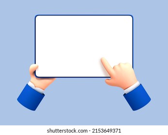 3D Cartoon Hand Holding Tablet Isolated On Blue Background. Hand Using Tablet Mockup. Vector 3d Illustration
